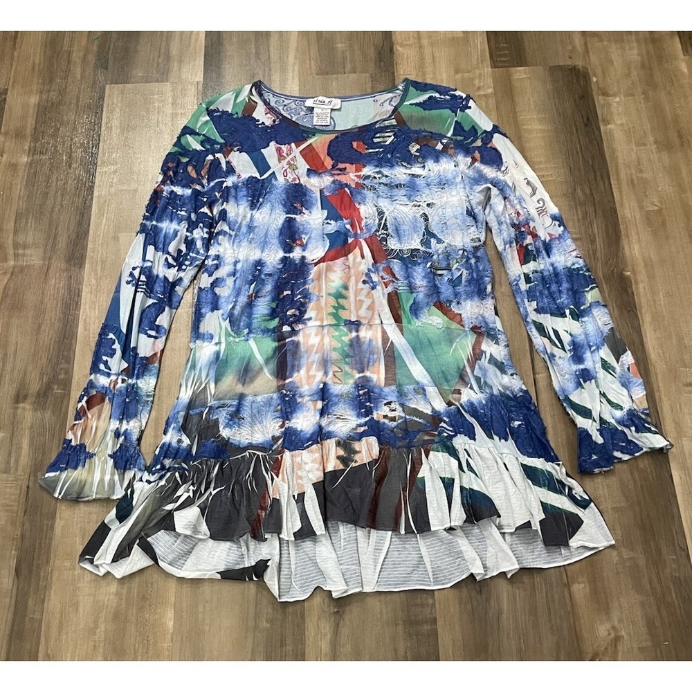 Anis A Women's Size Medium Top Blouse Long Sleeve Colorful Wearable Art EUC